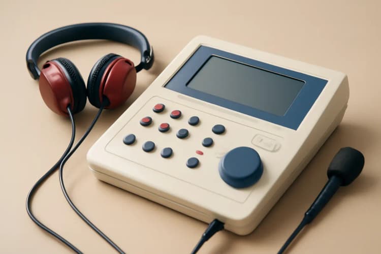 O que é audiometria? Close-up de um audiômetro com fones de ouvido e microfone, luz de estúdio.