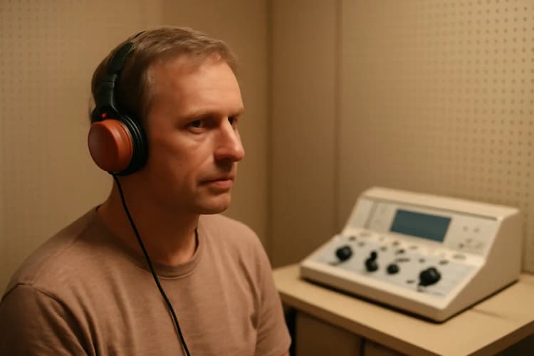 Como é feito o exame de audiometria? Paciente usando fones de ouvido em uma sala de audiometria, plano médio, luz ambiente.