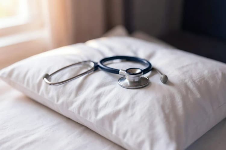 Um close-up de um estetoscópio sobre um travesseiro branco em uma cama, sugerindo uma consulta médica.