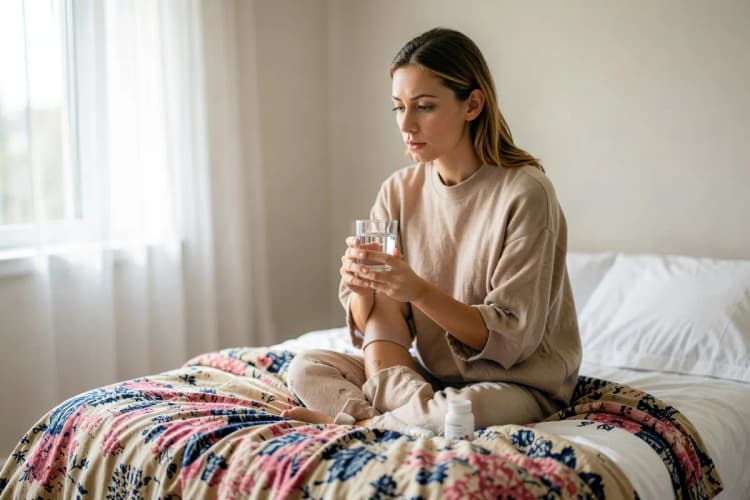 Uma mulher sentada em uma cama, segurando um copo d'água e olhando para um frasco de comprimidos com uma expressão pensativa.