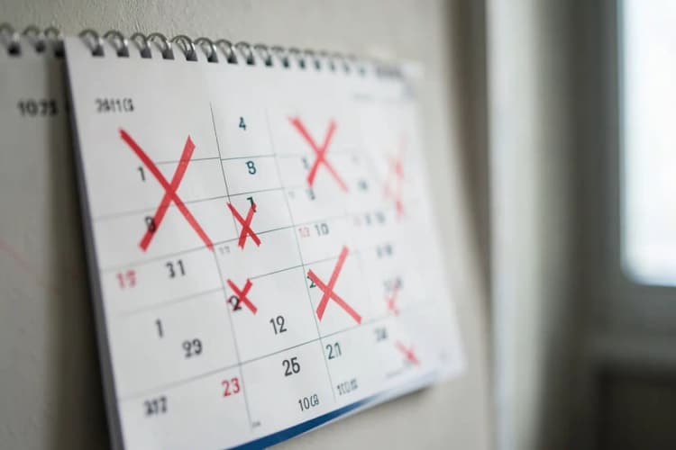 Um calendário com um X marcado em vários dias, indicando o tempo de recuperação pós-cirúrgica