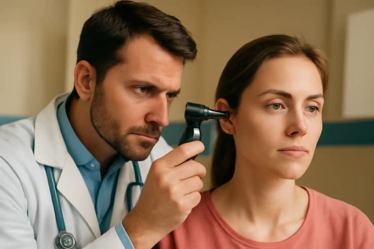médico examinando o ouvido de um paciente com otoscópio