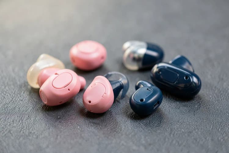 Diversos tipos de aparelhos auditivos, incluindo retroauriculares e intra-auriculares, dispostos de forma organizada.