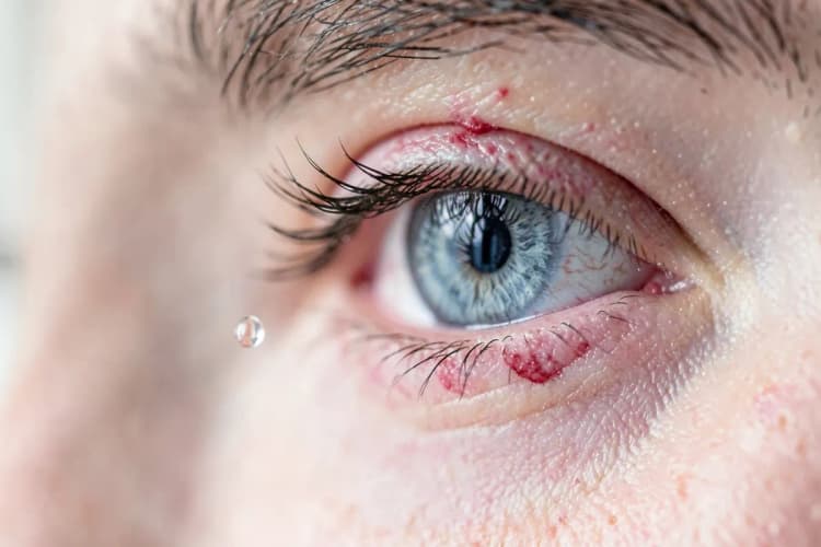 Gotas de colírio antialérgico caindo em um olho humano com irritação vermelha.