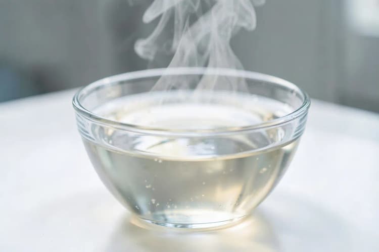Um close-up de um recipiente de vidro com água fervente e vapor subindo, pronto para inalação.