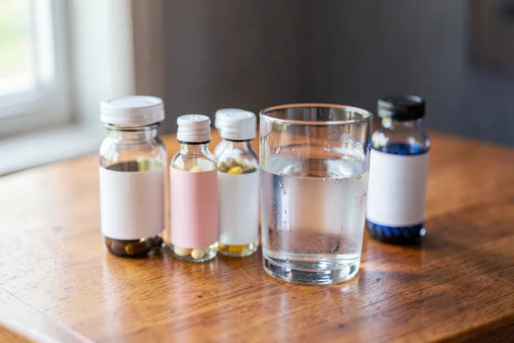 Frascos de medicamentos e um copo d'água, representando tratamento médico.