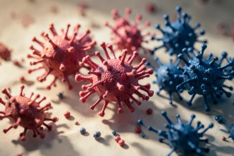 Uma coleção de vírus e bactérias estilizados em 3D, representando os agentes causadores de infecções.