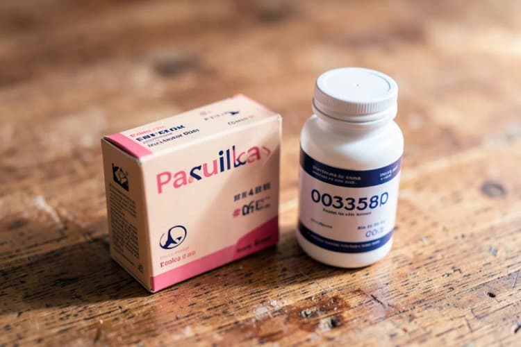 Uma caixa de analgésicos e um frasco de antibióticos em um fundo de madeira.