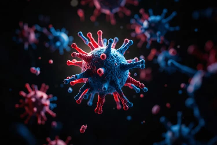 Bactérias e vírus estilizados flutuando em um ambiente escuro, representando agentes infecciosos