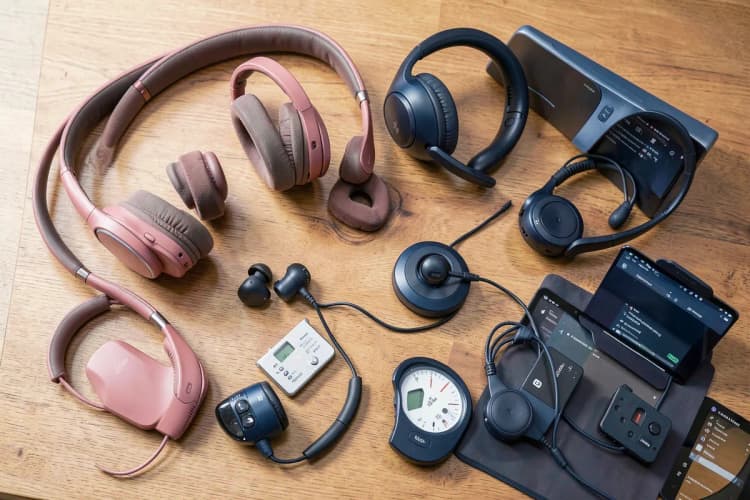 Um conjunto de ferramentas e materiais usados em terapia de reabilitação auditiva, como fones de ouvido e dispositivos de treinamento.