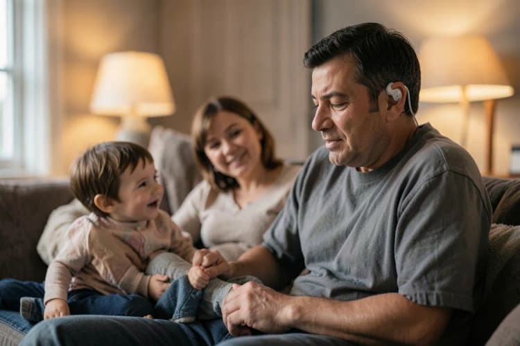 Uma família reunida, com um membro usando um implante coclear, em um ambiente acolhedor e de apoio.