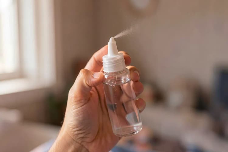 Uma pessoa aplicando spray nasal em um close-up, com foco no frasco e na aplicação.