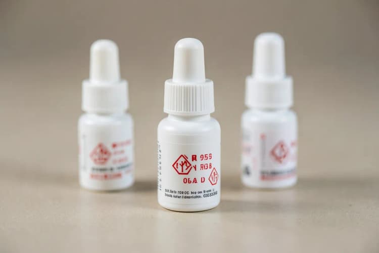 Pequenos frascos de spray nasal em uma superfície com símbolos de alerta.