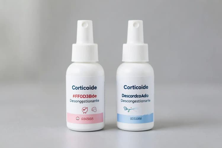 Dois frascos de spray nasal lado a lado, um com 'Corticoide' e outro com 'Descongestionante'.